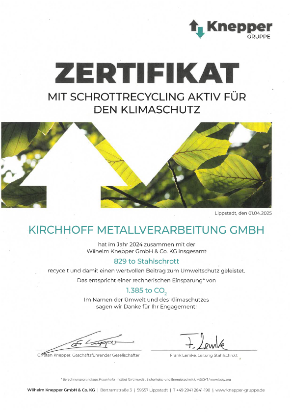 Kirchhoff Metallverarbeitung | News | Zertifikat