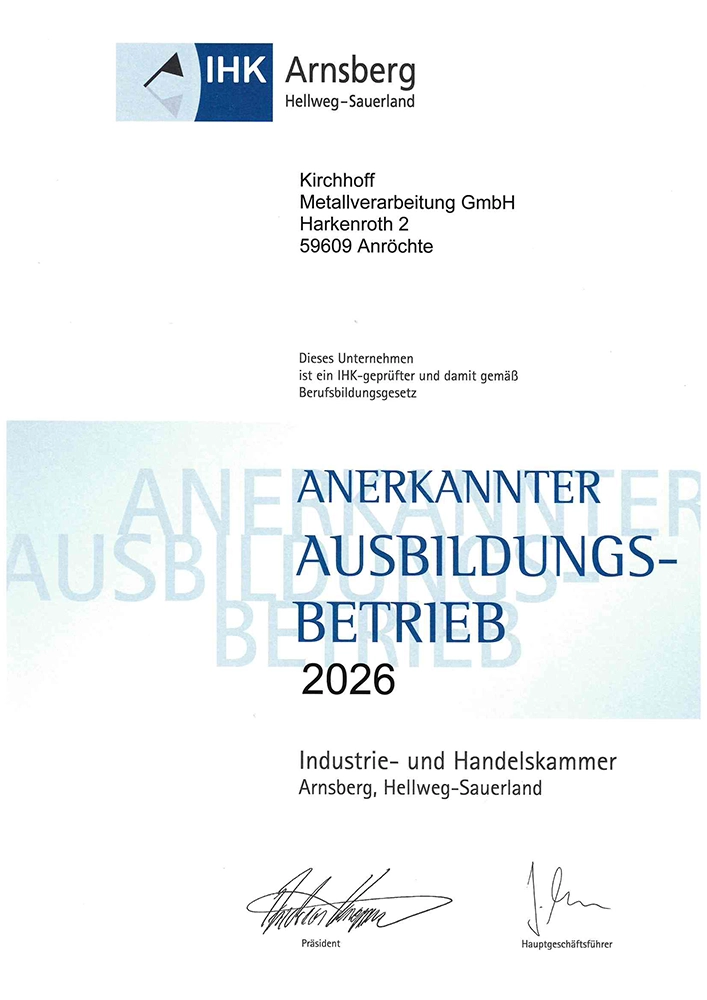 Kirchhoff Metallverarbeitung | Anerkannter Ausbildungsbetrieb 2026 Kirchhoff Metallverarbeitung | Anerkannter Ausbildungsbetrieb 2026